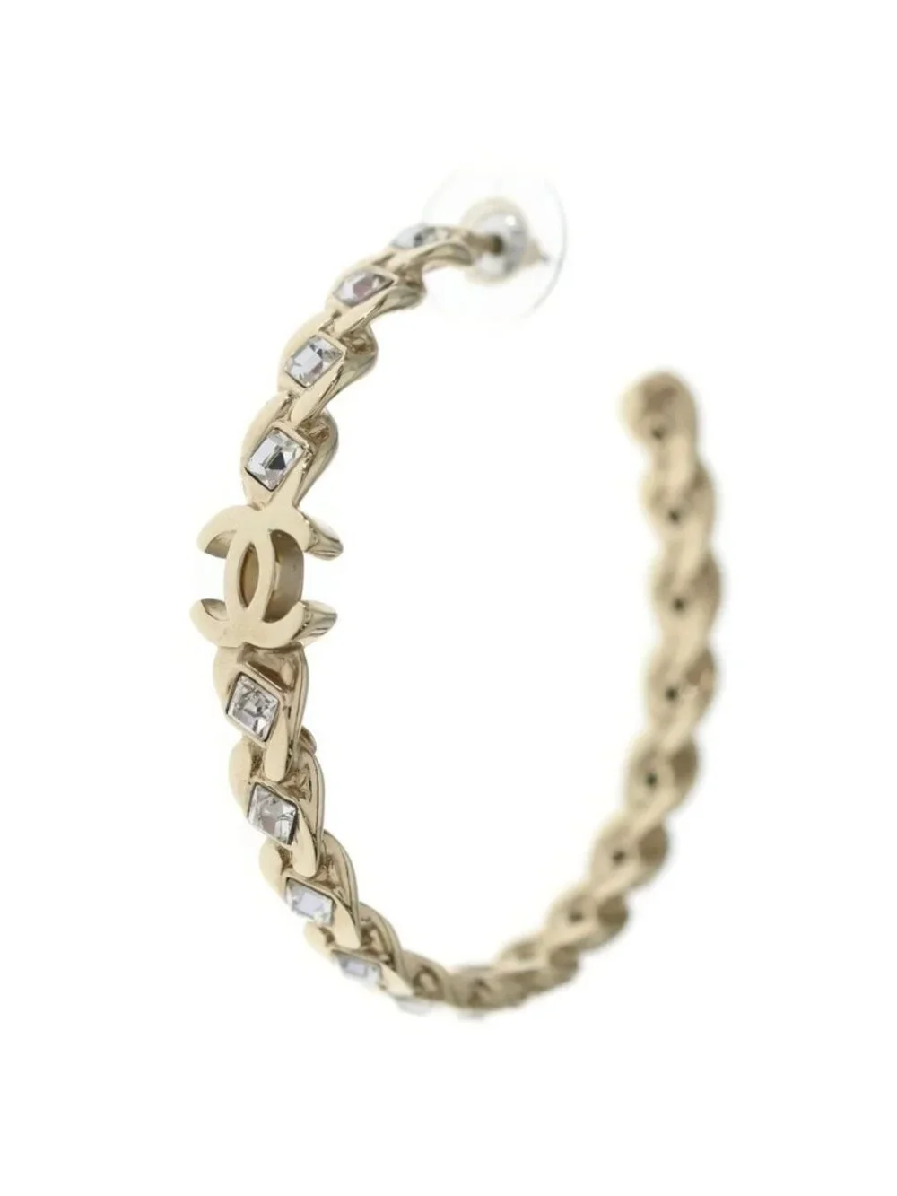 Chanel CC Logo Rhinestone Hoop Earrings Gold